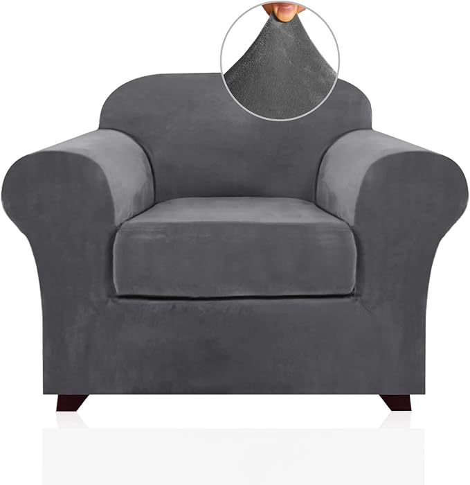 PrinceDeco Velvet Plush Couch Cover Stretch 2 Piece Chair Cover Chair Slipcover Washable Furniture Protector Couch Soft with Elastic Bottom Armchair Cover Width Up to 49 Inch(Small, Grey) by PrinceDeco