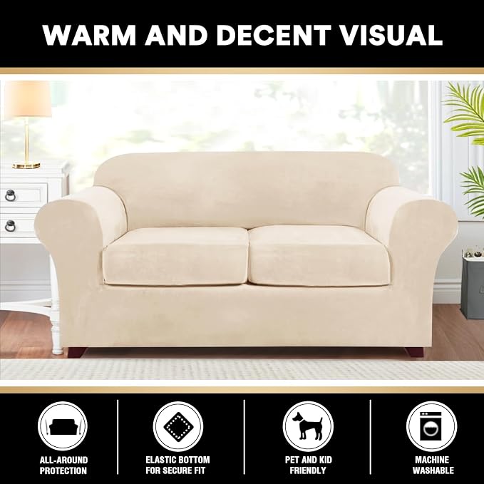 PrinceDeco Velvet Couch Cover Loveseat Covers for 2 Cushion Couch 3 Piece Sofa Covers for Dogs Washable Loveseat Covers Width Up to 72 Inch No Slip Stretch Sofa Slipcover(Medium, Cream) - Image 6