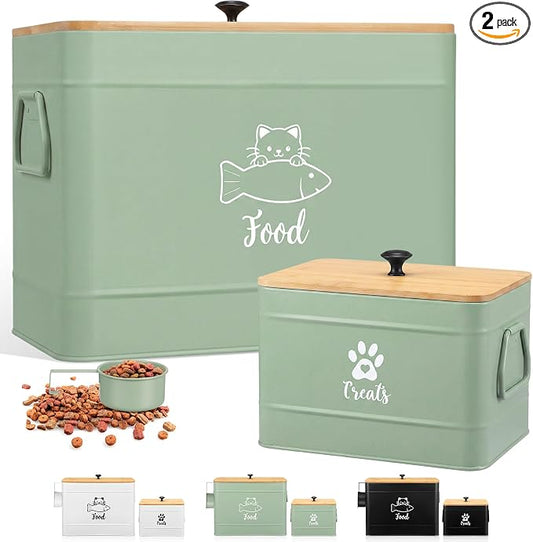 Reallnaive 2 Pcs Large Metal Cat Food Storage Containers 12+3.5 Lbs Decorative Pet Treat Snack Jars Airtight Bamboo Lids & Dry Food Scoop for Farmhouse Kitchen Counter Decor, Pet Owner Gifts(Green) by Unknown