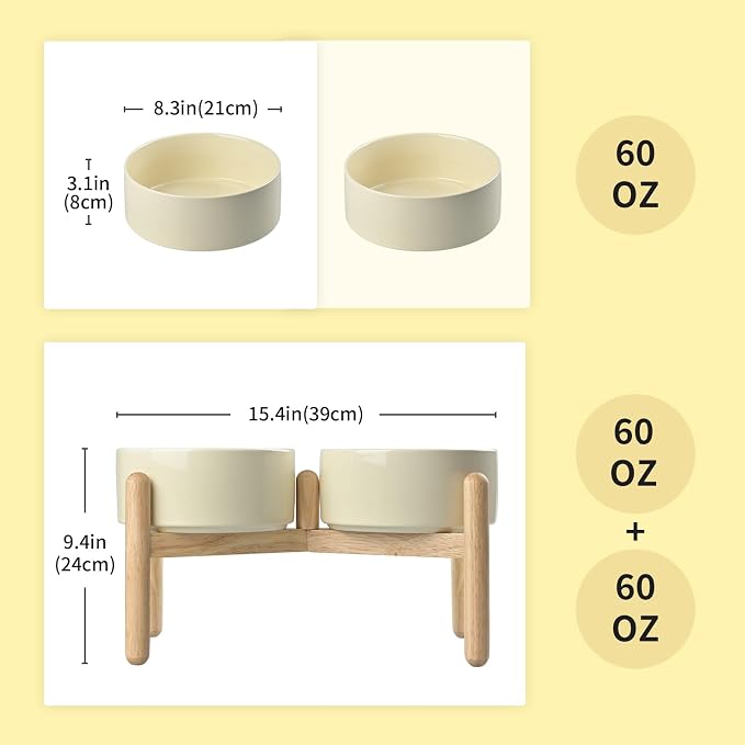SPUNKYJUNKY Ceramics Elevated Dog Bowls with Wooden Stand - Raised Double 60OZ Cream White Bowls for Medium Large Dogs - Image 2