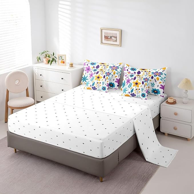 Feelyou Cute Flower Comforter Set with Sheets King Cute Flower Floral 7 Piece Bedding Set for Kids Girls Teens Toddler Cartoon Floral Bed in a Bag Yellow Purple Bed Set - Image 4