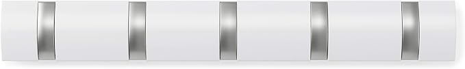 Umbra Flip Coat Rack, Wall Mounted 5-Hook Space Saving, White/Nickel | Real wood and steel build, retractable hooks fold flat, holds coats bags and scarves, easy install - Image 8