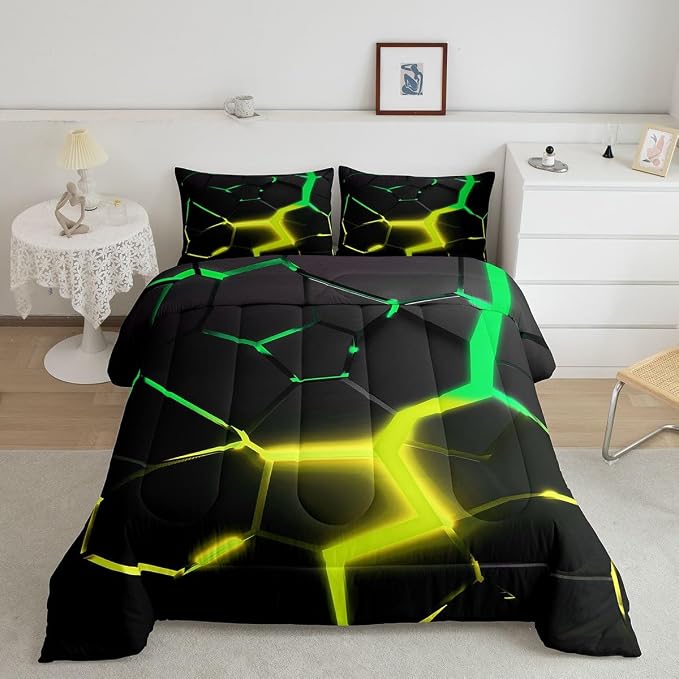 Geometric Honeycomb Comforter Set King Size,Abstract Hexagon Patchwork Fashion Bedding Set for Boys Girls Men Room Decor,Yellow Green Neon Modern Down Comforter,Unique Duvet Insert,2 Pillowcases by Homewish