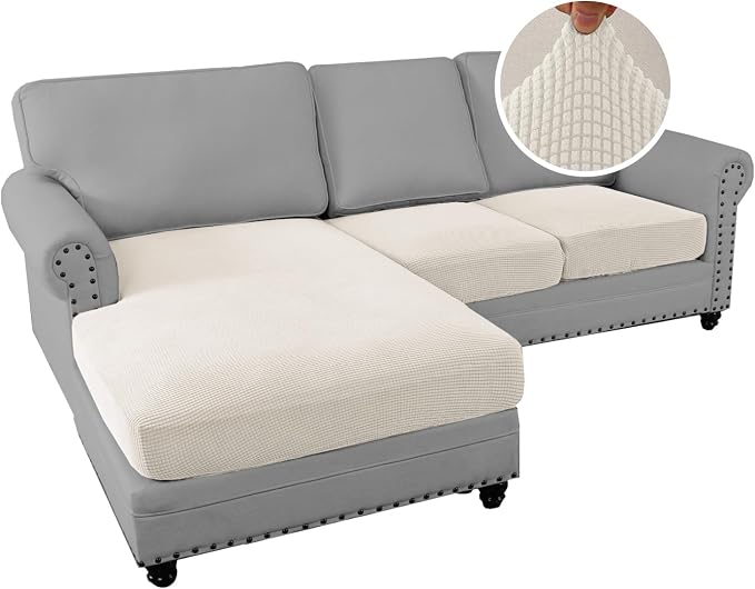 H.VERSAILTEX Sectional Couch Covers 3 Pieces Sofa Seat Cushion Covers L Shape Separate Cushion Couch Chaise Cover for Both Left/Right Sectional Couch (Seat Only: 1 Chaise + 2 Sofa, Ivory) - Image 2