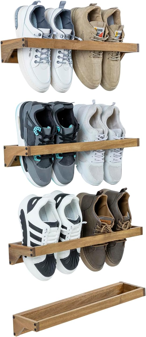 MyGift Set of 4 Premium Acacia Wood Wall Hanging Shoe Rack, Wall Mounted Space Saving Footwear Storage System for Closet, Mudroom, Entryway, Holds 8 Pairs by MyGiftHome