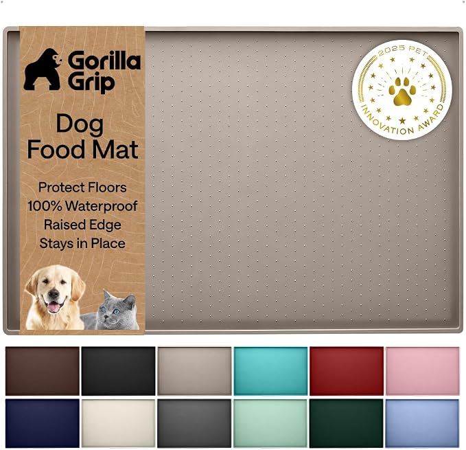 GORILLA GRIP 100% Waterproof Raised Edge BPA Free Silicone Pet Feeding Mat, Dog Cat Food Mats Contain Spills Protects Floors, Placemats for Cats and Dogs Water Bowl, Pets Accessories 26x17 Beige by Unknown