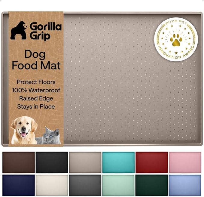 GORILLA GRIP 100% Waterproof Raised Edge BPA Free Silicone Pet Feeding Mat, Dog Cat Food Mats Contain Spills Protects Floors, Placemats for Cats and Dogs Water Bowl, Pets Accessories 18.5x11.5 Beige by Unknown