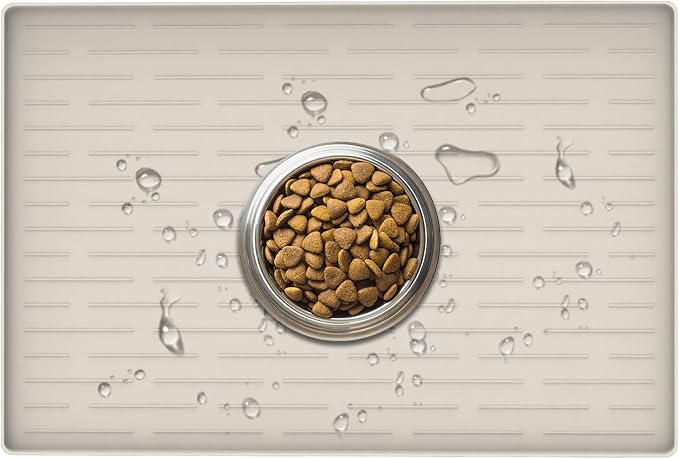 24" x 16" Dog Food Mat, Silicone Pet Mats for Food and Water, Nonslip Pet Feeding Mats for Floors, Dog Cat Bowl Mat with Raised Edges, Beige by WelcometoULTIBE