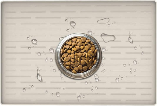 24" x 16" Dog Food Mat, Silicone Pet Mats for Food and Water, Nonslip Pet Feeding Mats for Floors, Dog Cat Bowl Mat with Raised Edges, Beige by WelcometoULTIBE