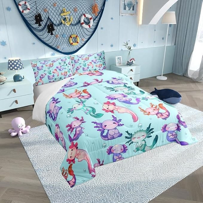 Manfei Cartoon Axolotl Comforter Set Queen Size,Cute Purple Blue Wildlife Animal Bedding Set for Girls Teens Bedroom Decor Green Polka Dots Sea Creature Soft Chic Quilted Duvet with 2 Pillowcases - Image 2