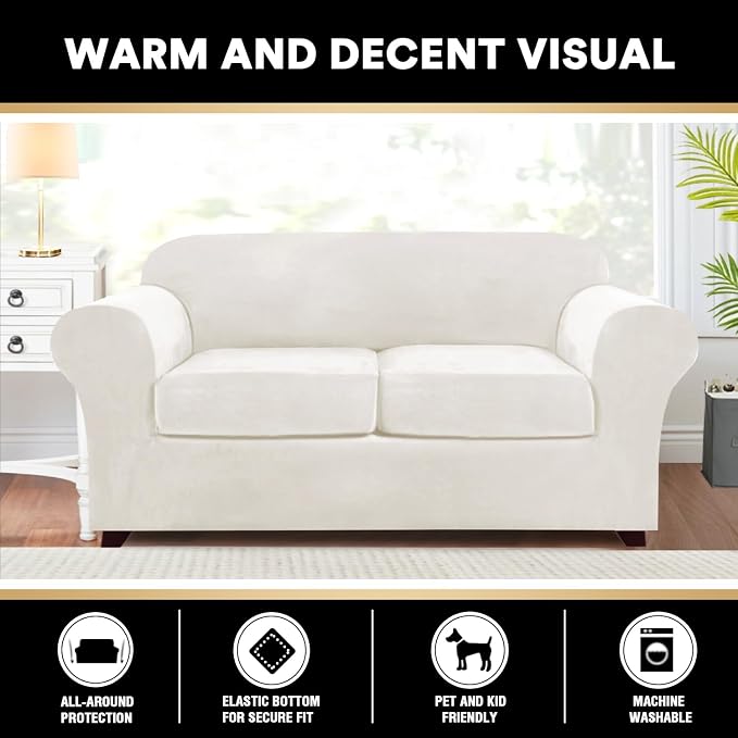 PrinceDeco Velvet Couch Cover Loveseat Covers for 2 Cushion Couch 3 Piece Sofa Covers for Dogs Washable Loveseat Covers Width Up to 72 Inch No Slip Stretch Sofa Slipcover(Medium, Porcelain) - Image 3