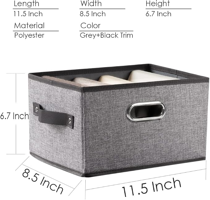 PRANDOM Fodable Storage Bins for Closet [3-pack] Decorative Fabric Storage Baskets Cubes with Leather/Metal Handles for Shelves Bedroom Living Room Grey (11.5x8.5x6.7 Inch) - Image 5