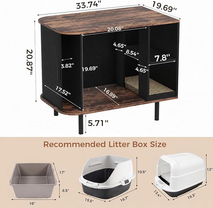 Cat Litter Box Enclosure, Kitty Hidden Litter Box Furniture with Scratch Pad, Modern Indoor Cat House, Sliding Door, Adjustable Shelf for Dog Proof, Black - Image 2