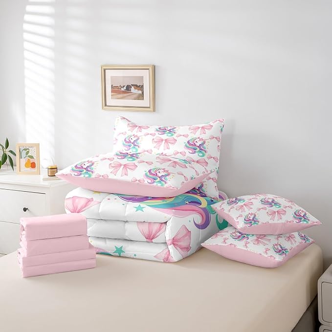 Erosebridal 7 Piece Girls Pink Bowknot Twin Bedding Set,Kawaii Rainbow Unicorn Kids Comforter Set for Teens,Dreamy Princess Style Quilt,Girly Unicorn Bow Tie Sheet Set with Comforter - Image 6