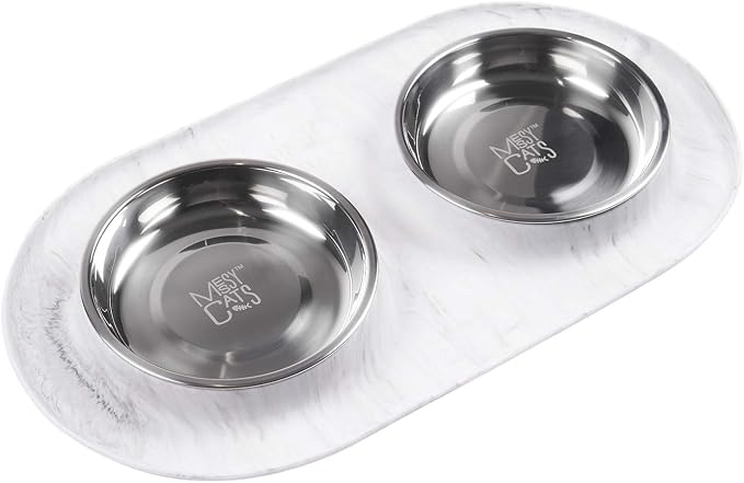 Messy Cats Double Silicone Feeder, Stainless Bowls, 1.75 Cup, Marble | Non-Slip Silicone Double Cat Feeder With Two Removable Stainless Steel Saucer Bowls For Food And Water - Image 2