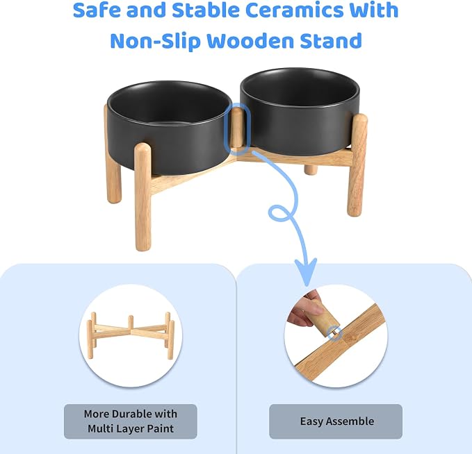 SPUNKYJUNKY Ceramics Elevated Dog Bowls with Wooden Stand Raised Dog Bowl for Medium Large Dog Food and Water Pet Feeding Bowl(Double 60OZ Bowls,Black) - Image 4