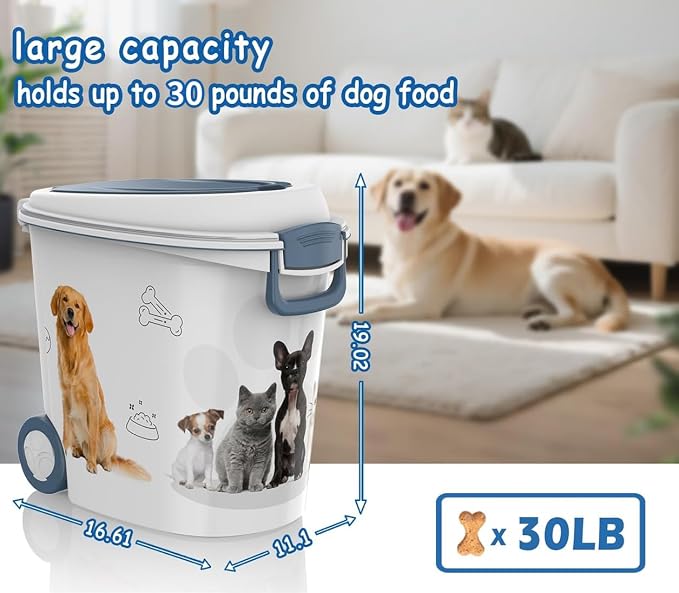 DRATO Pet Food Storage Container with Wheels Resin 30LB Capacity Dog Food Container with Slow Feeder Bowl and Scoop Easy to Move to Keep Food Fresh for Dogs, Cats, Birds - Image 3