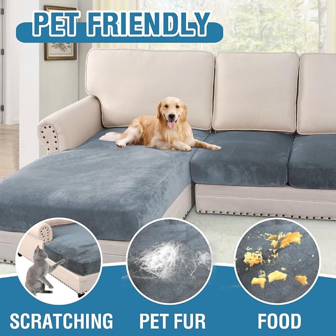H.VERSAILTEX Velvet Stretch Sectional Couch Covers - 4 Piece Sofa Seat Cushion Set - L Shape Separate Cushion - Both Left/Right Couch Chaise Cover - Large Sofa 3 Seater + 1 Chaise, Stone Blue - Image 3