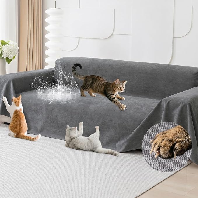 Cat Scratch Furniture Protector - Anti-Slip, Waterproof Sofa Cover to Keep Cats Off, Pet-Friendly Couch Protectors for 3 Cushion Couch, Anti-Scratch Couch Cover for Pets and Kids 150"X91"Dark Gray by Loiion