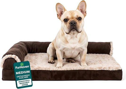Furhaven Orthopedic Dog Bed for Medium/Small Dogs w/ Removable Bolsters & Washable Cover, For Dogs Up to 35 lbs - Two-Tone Plush Faux Fur & Suede L Shaped Chaise - Espresso, Medium,30"L x 20"W x 6"Th by FurHaven