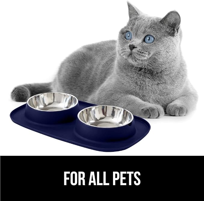 GORILLA GRIP Dog Bowl Set with Slip Resistant Silicone Feeding Mat, 3 Cup, Food Grade 304 Stainless Steel Bowls, BPA Free, High Edge Spill Containment, Dishwasher Safe, Finger Notch Removal, Navy Blue - Image 8