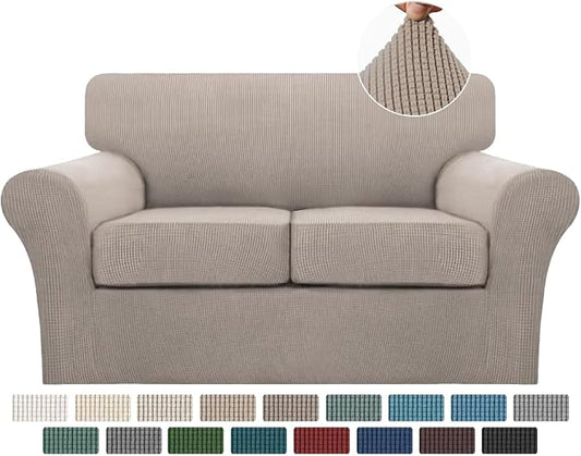 Turquoize 3 Piece Sofa Covers for 2 Cushion Couch Sofa Slipcover Soft Couch Cover for Dogs-Washable Sofa Furniture Covers with 2 Individual Cushion Covers, Thick Jacquard Fabric (Loveseat, Sand) by Turquoize