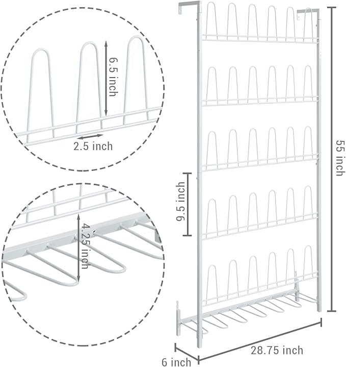 MyGift Matte White Metal Wall Mounted Shoe Rack, Holds 18 Pairs | Modern white metal wall shoe rack stores up to 18 pairs of shoes and boots while saving closet, mudroom, and entryway storage - Image 5