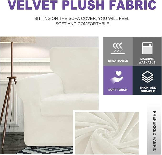 ZNSAYOTX Oversized Velvet 3 Piece Couch Cover with 2 Extra Large Seat Cushion Covers Stretch Sofa Cover for 2 Cushion Couch Thick Soft Loveseat Sofa Slipcover (Beige),72"-92"(2 Cushions) - Image 3