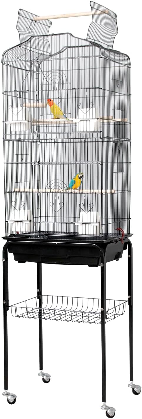 Garvee Open Top Large Parrot Bird Cage, Hanging Bird Cage with Detachable Rolling Stand and Storage Shelf, Playtop Parrot Cages Heavy-Duty Pet Birds House for Cockatiel Black by Garvee