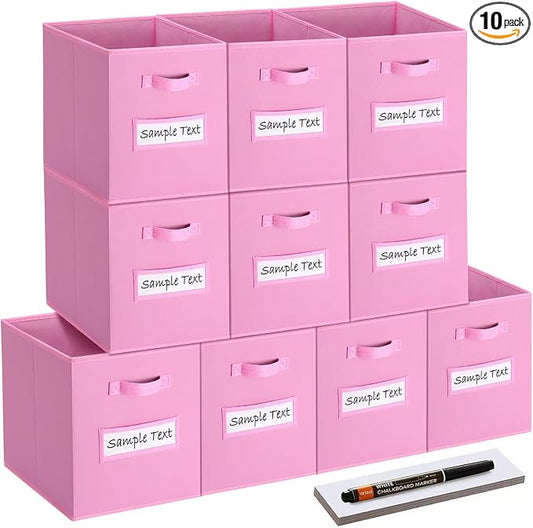 13x13 storage cube bins (Set of 10) Foldable Fabric storage cubes with 10 Labels Window Cards & a Pen,13 inch cube storage bins,Closet Organizers for Shelves,Cubby Organizer Boxes,Light Pink by Artsdi