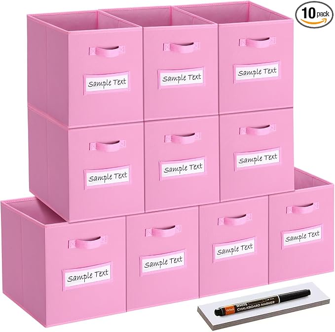11x11 storage cube bins (Set of 10) Foldable Fabric storage cubes with 10 Labels Window Cards & a Pen,11 inch cube storage bin,Closet Organizers for Shelves,Cubby Organizer Boxes,Light Pink by Artsdi