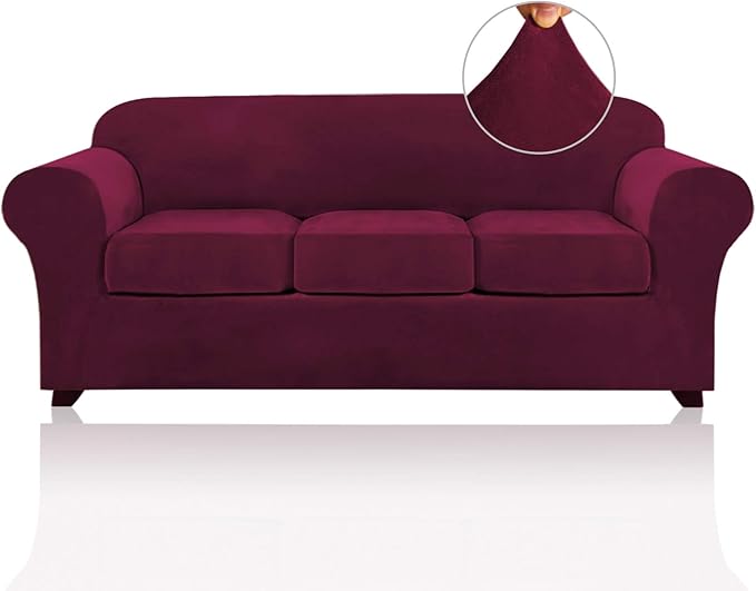 PrinceDeco Velvet Couch Covers for Sofa Soft 4 Pieces Couch Covers for 3 Cushion Couch Sofa Pet Friendly Furniture Protector with Non Slip Elastic Bottom Width Up to 90 Inch(Large, Burgundy) by PrinceDeco