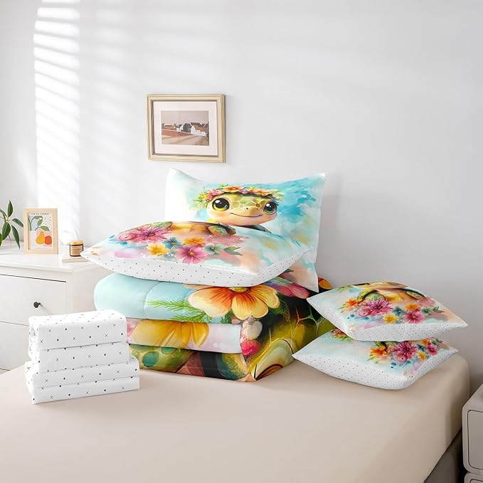 Erosebridal Kids Sea Turtle King Size 7-Piece Bedding Set, Marine Life Tortoise Bed in A Bag, Summer Blue Coastal Comforter Set with Sheets, Colourful Florals Bedding Comforter Sets - Image 5