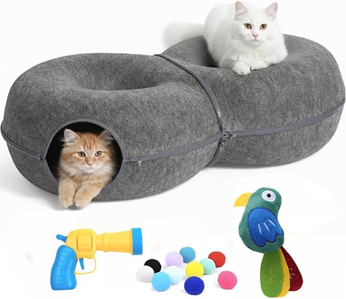 Trivon Peekaboo Cat Tunnels for Indoor Cats, Cozy Indoor 8-Shaped Donut Hideaway Bed with 12 Toy Balls, Bonus Bird Toy and Toy Gun, Scratch-Resistant, Detachable & Washable Design by Unknown
