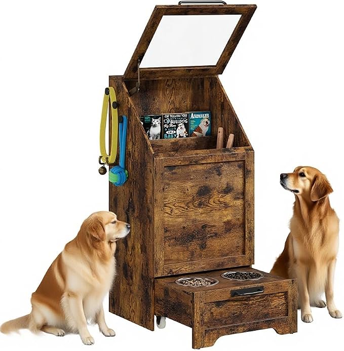 Dog Feeding Station, with Pet Feeding Station,Flip Top Dog Food Storage Cabinet, 2 Elevated Bowls, Includes 3 Hooks for Accessories – Space-Saving Design, Brown by EcoSummer