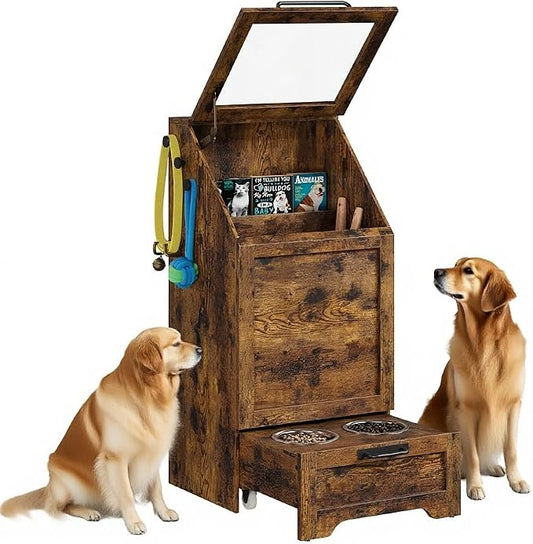 Dog Feeding Station, with Pet Feeding Station,Flip Top Dog Food Storage Cabinet, 2 Elevated Bowls, Includes 3 Hooks for Accessories – Space-Saving Design, Brown by EcoSummer