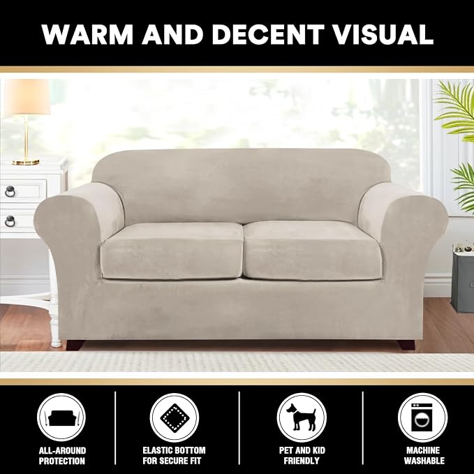 PrinceDeco Velvet Couch Cover Loveseat Covers for 2 Cushion Couch 3 Piece Sofa Covers for Dogs Washable Loveseat Covers Width Up to 72 Inch No Slip Stretch Sofa Slipcover(Medium, French Oak) - Image 6