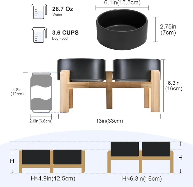 SPUNKYJUNKY Elevated Dog Bowls Ceramic, 6.1'' Dogs and Cat Food Water Bowls Raised with Non-Slip Bamboo Stand for Medium Sized Breed Microwave Dishwasher Safe - 28.7 OZ,Black - Image 2