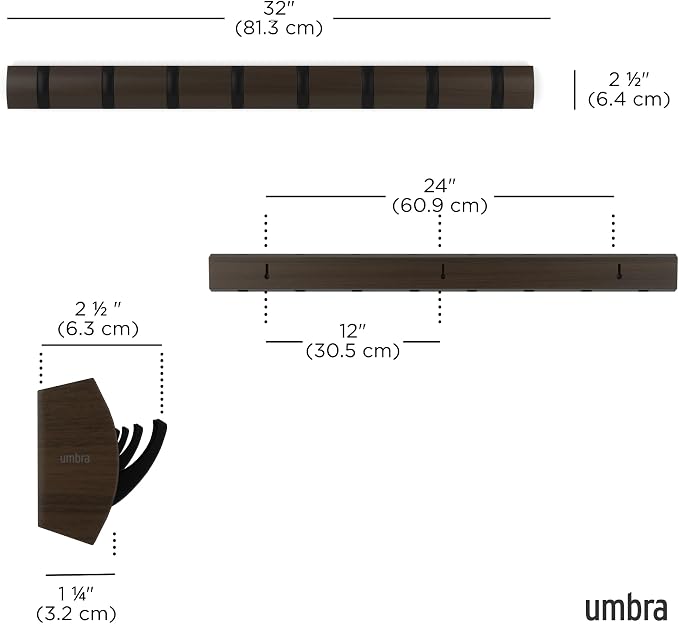 Umbra Flip Coat Rack, Wall Mount 8-Hook, Space Saving, Walnut/Black | Real wood and steel build, retractable hooks fold flat, holds coats bags and scarves, easy install - Image 3