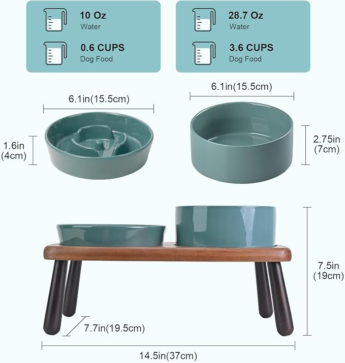 SPUNKYJUNKY Ceramic Elevated Dog Bowls with Slow Feeder Raised with Acacia Bamboo Wooden Stand, 6.1'' Dog and Cat Food Water Bowls Set Non-Slip for Small Medium Sized Breed - Dark Green - Image 2