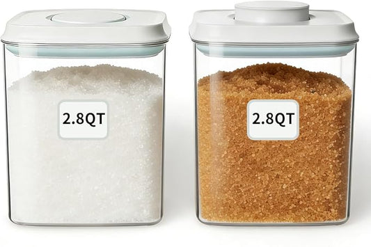 Food Storage Container Set 2.8 Qt ×2 with Lids, Airtight Pantry Canisters, BPA-Free Plastic Flour Sugar Storage Containers, One-Touch Press-to-Open Lids, Stackable Clear Jars for Rice, Cereal, Coffee by ANKOU