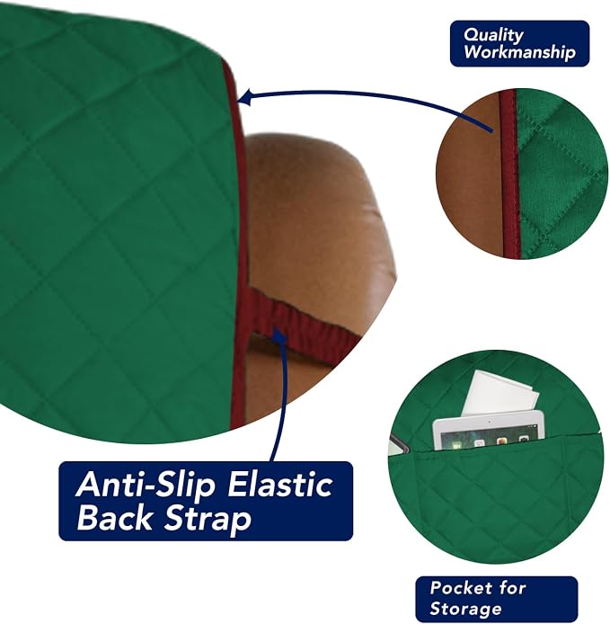 PureFit Reversible Recliner Chair Covers Couch Covers for Dogs, 28 in | Green/Red, Water Resistant Couch Protector, Washable Pet Couch Cover with Non Slip and Elastic Straps For Kids - Image 3