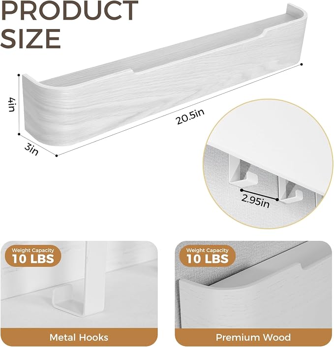 Coat Rack Wall Mount with Shelf Entryway Shelf Modern Key Holder Hanger Wall Shelves with Hidden Hooks for Hanging Towels Coats Hats Bags for Hallway Bathroom Bedroom (White, 5 Hooks) - Image 2