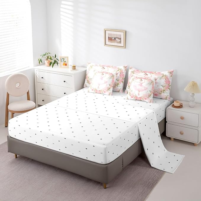 Feelyou Ballet 7 Piece Bedding Set - Full Size Cute Ballet Girls Comforter Set with Sheets for Kids, Teens, Toddler Dancing Girl Bed in a Bag - Pink Rose Bed Set - Image 4