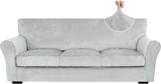 XINEAGE 4-Piece Velvet Sofa Cover,Couch Covers for Dog,Silver Gray | 3 Cushion Sofa,Stretch Non-slip Elastic, Pet-friendly, Washable, Fast Setup, Soft Plush Fabric, Furniture Protector. by XINEAGE