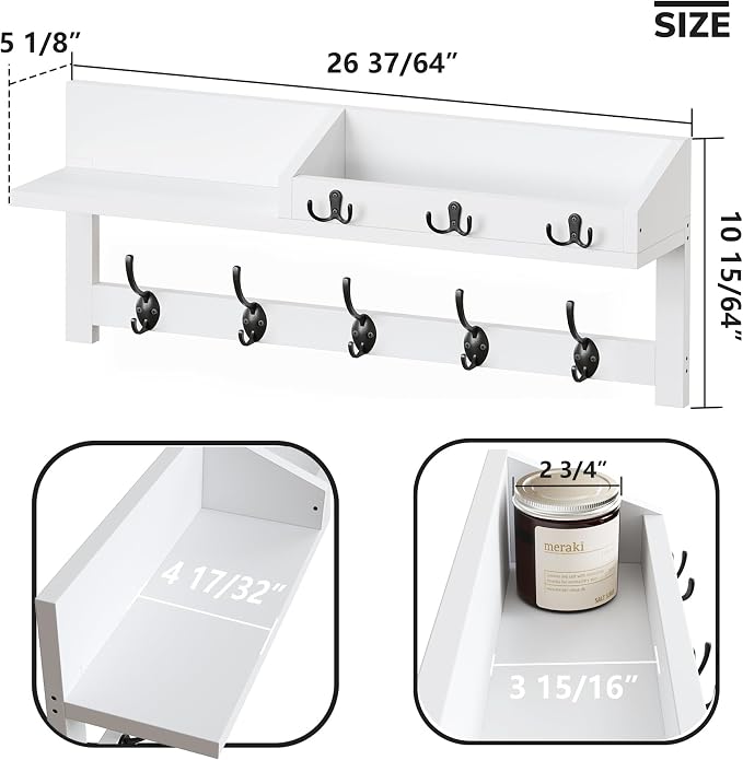 AMBIRD Wall Hooks with Shelf, 26.57 Inch Entryway Wood Coat Hooks for Wall, Coat Rack Wall Mount with 5 Dual Hooks 3 Key Hooks Mail Organizer and Key Rack Holder (White) - Image 2