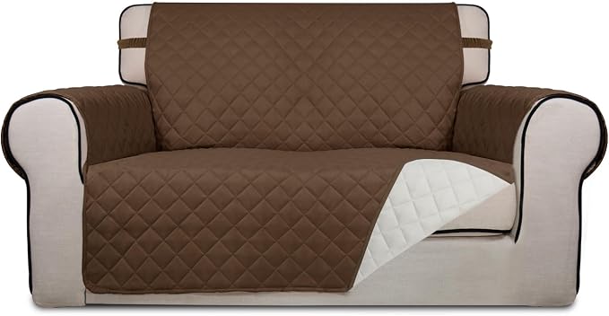 PureFit Reversible Quilted Couch Covers for Dogs Loveseat Sofa Cover 46.5” | Coffee/Ivory, Water Resistant Couch Protector, Washable Pet Couch Cover with Non Slip and Elastic Straps For Kids by PureFit