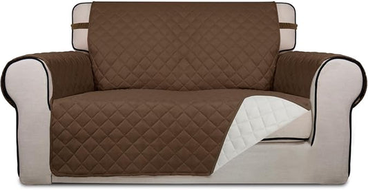 PureFit Reversible Quilted Couch Covers for Dogs Loveseat Sofa Cover 46.5” | Coffee/Ivory, Water Resistant Couch Protector, Washable Pet Couch Cover with Non Slip and Elastic Straps For Kids by PureFit