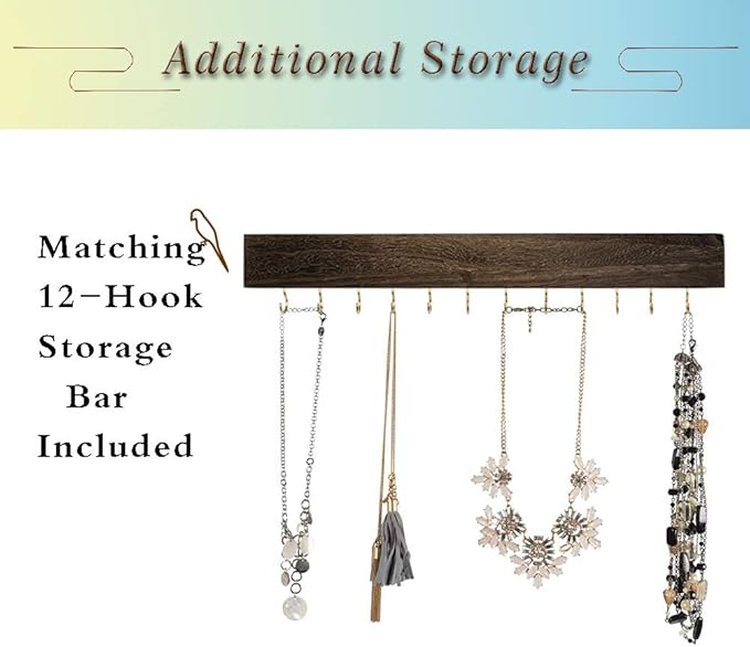 Rustic Wall Mounted Jewelry Organizer,Vintage Wooden Hanging Jewelry Holder Box with Barndoor Decor for Necklaces, Earings, Bracelets, Rings, Accessories. Includes Hook Organizer - Image 3