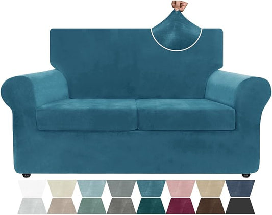 ZNSAYOTX Luxury Velvet Sofa Cover 3 Piece (57"-70") Stretch Loveseat Covers for 2 Cushion Couch Thick Soft Couch Slipcover with Non Slip Strap, Dog Pet Friendly Nice Furniture Protector (Peacock Blue) by ZNSAYOTX